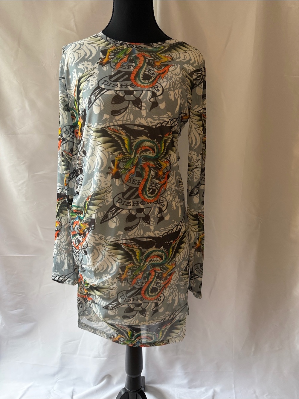 Ed Hardy Long-Sleeve Printed Sheath Dress in Gray with Multicolor Dragon Print M